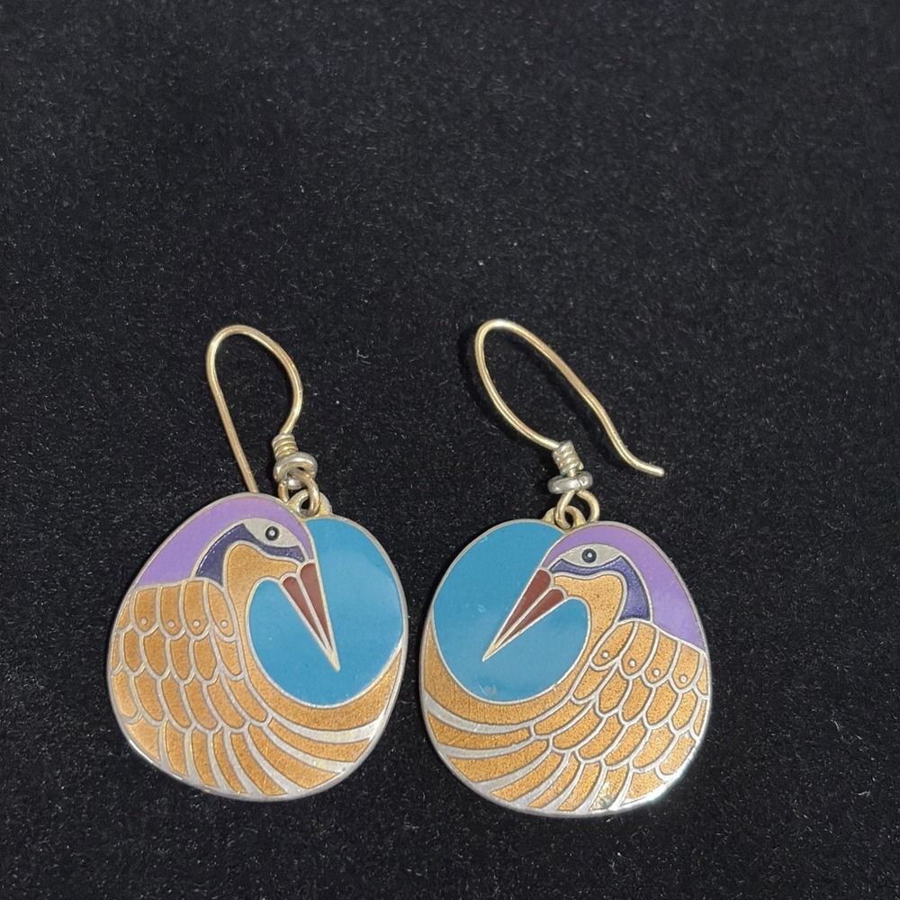 Vintage Laurel Burch Nile Bird Cloisonné Enamel Earrings 1980s Excellent Cond